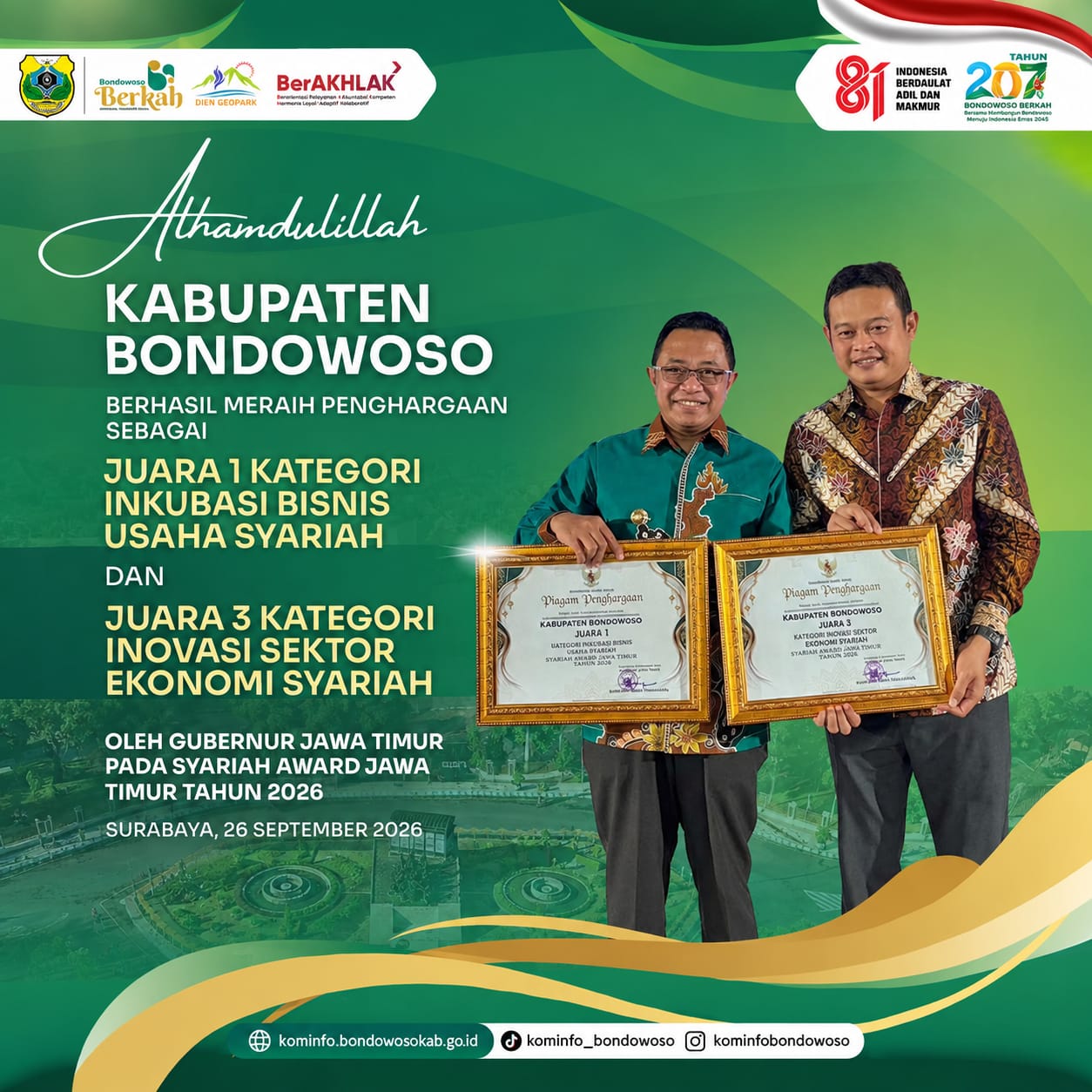 Ucapan Selamat Kepada Bupati Bondowoso Telah Meraih Penghargaan seagai  Juara 1 Kategori Inkubasi Bisnis Usaha Syariah dan Juara 3 Kategori Inovasi Sektor Ekonomi Syariah oleh Gubernurnur Jawa Timur
