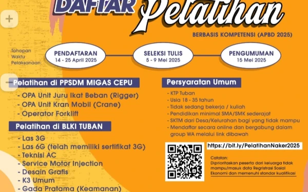Thumbnail Disnakerin Tuban Buka Pelatihan Gratis, Cek Persyaratannya