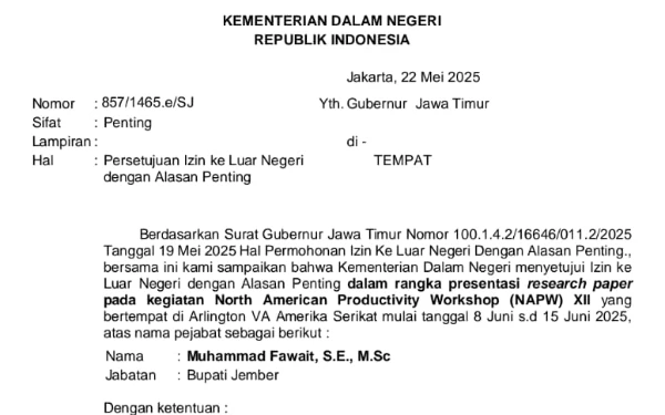 Thumbnail Berita - Ketua DPRD Jember Sebut Surat Izin Bupati Fawait dari Kemendagri Diterima Secara Daring