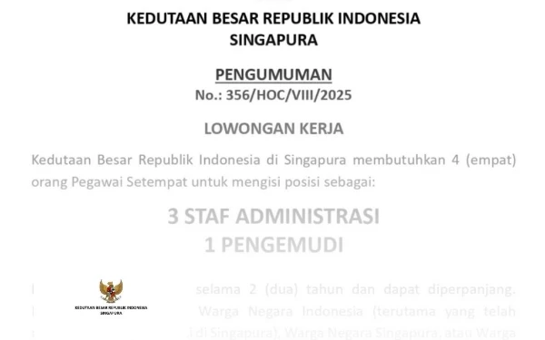 Thumbnail KBRI Singapura Buka Lowongan 4 Posisi, Klik Link di Bawah untuk Daftar