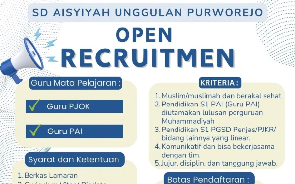 Thumbnail Berita - SD Aisyiyah Unggulan Purworejo Buka Lowongan Guru PJOK dan PAI