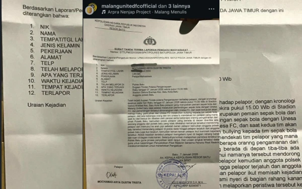 Thumbnail Berita - Dugaan Kekerasan Usai Laga Liga 4 Jatim, Pemain Malang United Laporkan Oknum Anggota Polsek Batu