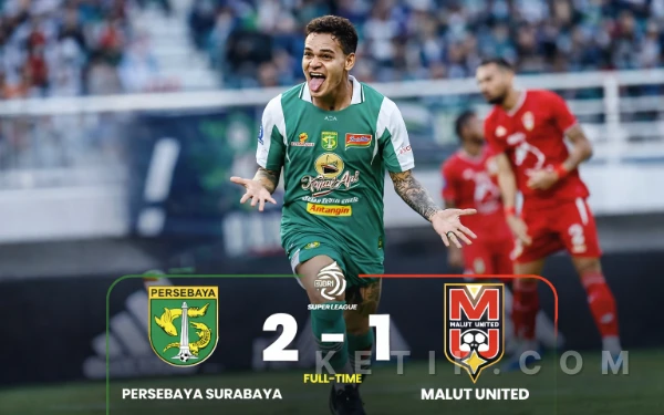 Thumbnail Dobel Gali Freitas Bungkam Malut United, Persebaya Menang 2-1 di GBT