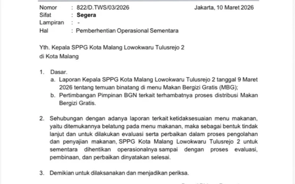 Thumbnail Buntut Temuan Belatung Pada Menu MBG, Operasional SPPG Lowokwaru Tulusrejo 2 Resmi Disetop Sementara