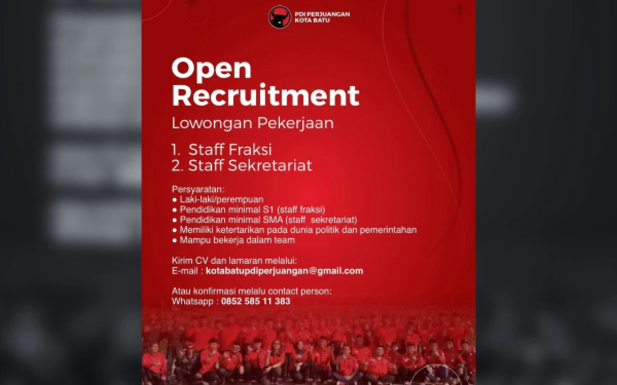 Thumbnail Berita - PDIP Kota Batu Buka Lowongan Staf Fraksi dan Sekretariat, Ini Syarat dan Cara Daftarnya