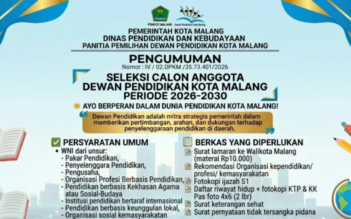 Thumbnail Berita - Peluang Berkontribusi di Dunia Pendidikan, Pemkot Malang Buka Seleksi Anggota Dewan Pendidikan 2026–2030