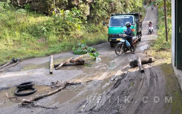 Thumbnail Berita - Ditutupi Batang Kayu, Jalan Sidomulyo-Plumbungan Pacitan Rusak Berat