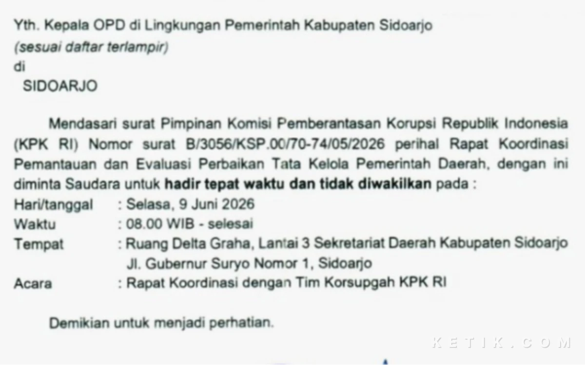 Foto Undangan yang mempertemukan Bupati Subandi dan Wabup Mimik Idayana dalam forum yang menghadirkan Korsupgah KPK RI di Delta Graha pada Selasa (9 Juni 2026). (Foto: Fathur Roziq/Ketik.com)