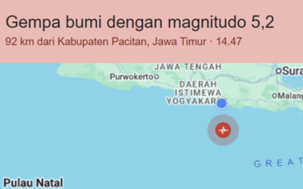 Thumbnail Berita - Gempa Bumi Tektonik Guncang Wilayah Pacitan, Pada Sabtu 27 Juni 2026 Pukul 14.47 WIB